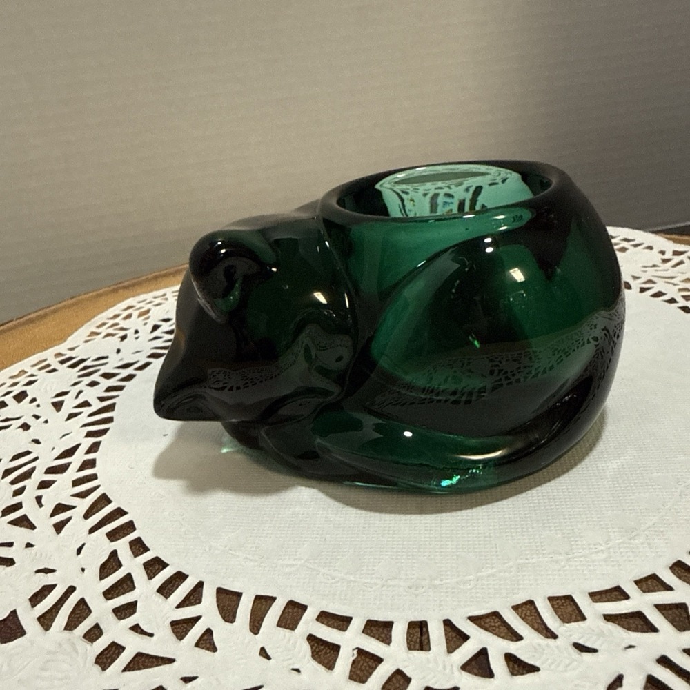 Indiana Glass Sleeping Kitten Emerald Green Glass Votive Tealight Holder Cat